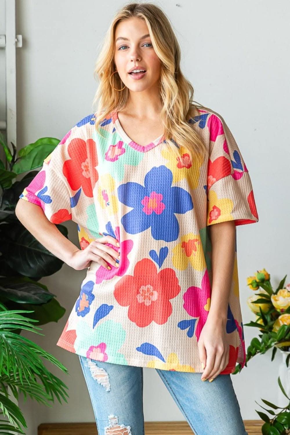HOPELY Full Size Floral V-Neck Side Slit T-Shirt - Love Salve